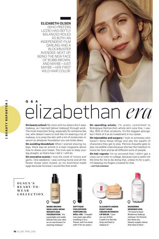 ELIZABETH OLSEN in Allure Magazine, April 2019