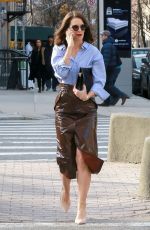 KATIE HOLMES in a Leather Skirt Out in New York 03/14/2019