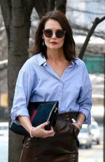 KATIE HOLMES in a Leather Skirt Out in New York 03/14/2019