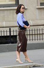 KATIE HOLMES in a Leather Skirt Out in New York 03/14/2019