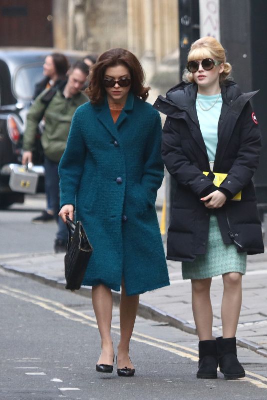 ELLIE BAMBER and SOPHIE COOKSON on the Set of The Trial of Christine Keeler in Bristol 04/09/2019