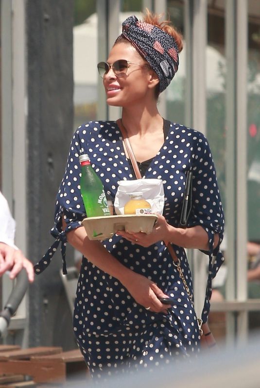 EVA MENDES in Polka Dot Dress Out in Los Angeles 04/26/2019