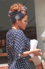 EVA MENDES in Polka Dot Dress Out in Los Angeles 04/26/2019