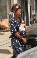 EVA MENDES in Polka Dot Dress Out in Los Angeles 04/26/2019