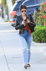 LUCY HALE in Denim and Leather Jacket Out in West Hollywood 04/23/2019