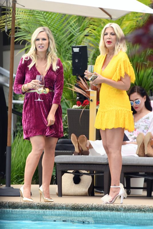 JENNIE GARTH and TORI SPELLING on the Set of Beverly Hills 90210 in Vancouver 05/29/2019