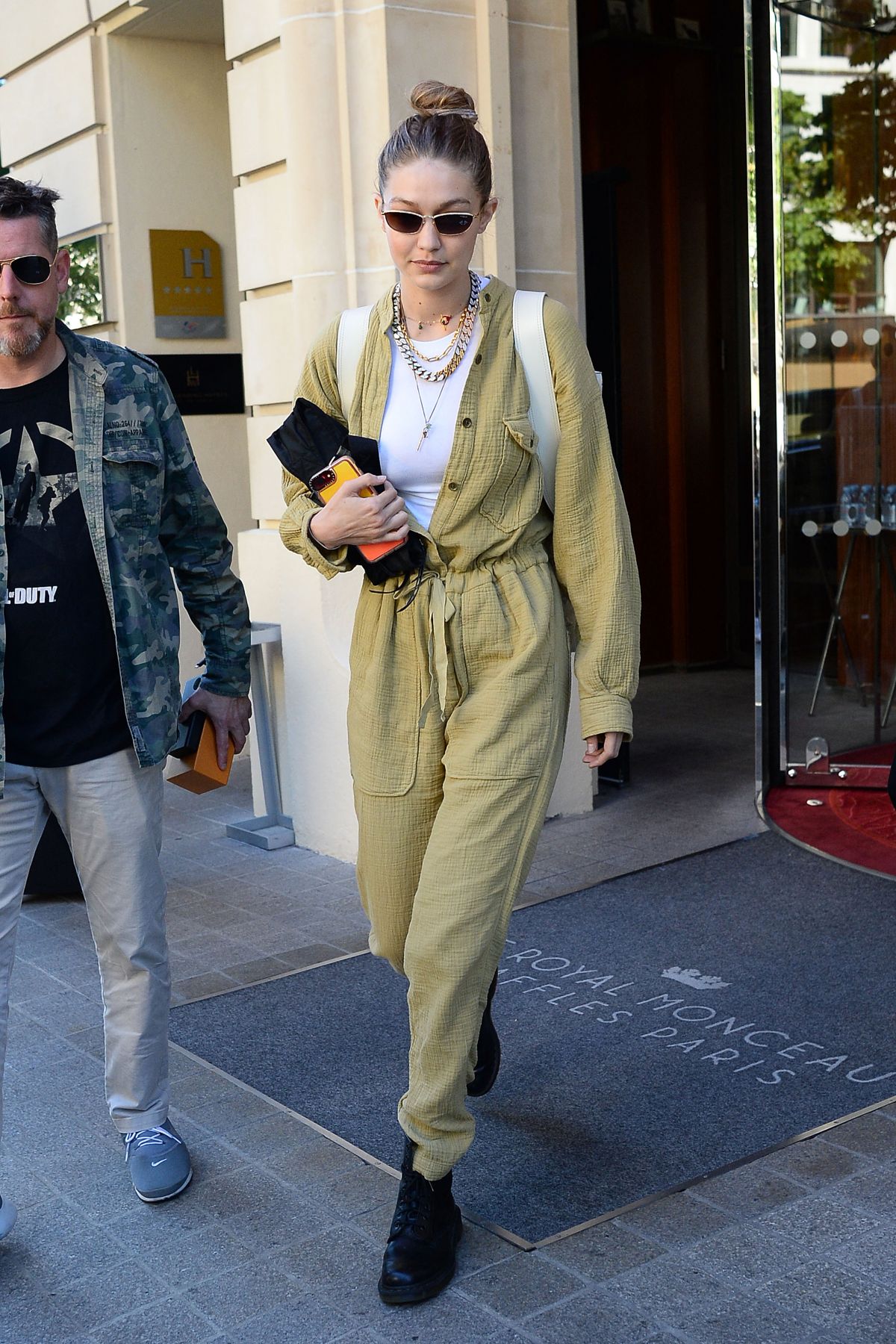 Gigi Hadid In Louis Vuitton Leaving the Royal Monceau Hotel in