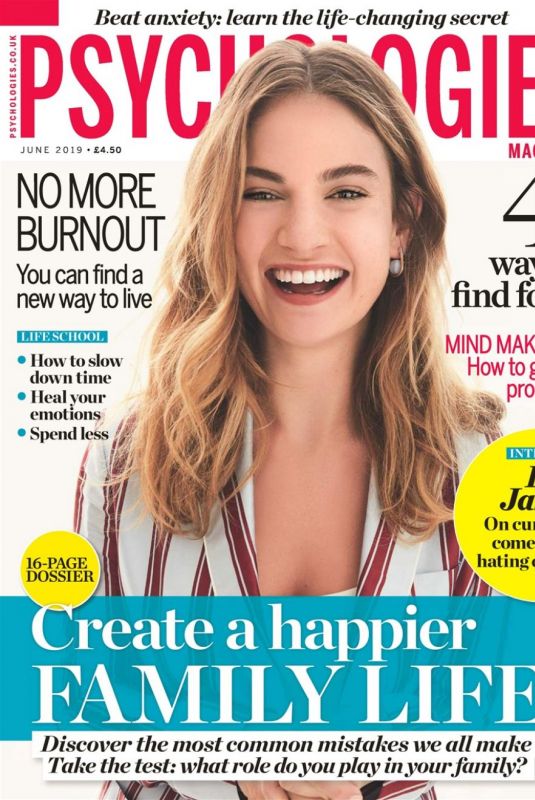 LILY JAMES on the Cover of Psychologies Magazine, UK JUne 2019