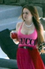 LINDSAY LOHAN in a Gucci Swimsuit Out on Mykonos Island 06/22/2019