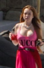 LINDSAY LOHAN in a Gucci Swimsuit Out on Mykonos Island 06/22/2019