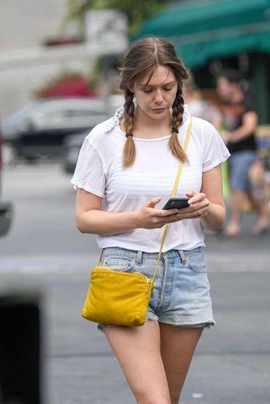 ELIZABETH OLSEN in Denim Shorts Shopping at Whole Foods in Los Angeles 07/09/2019
