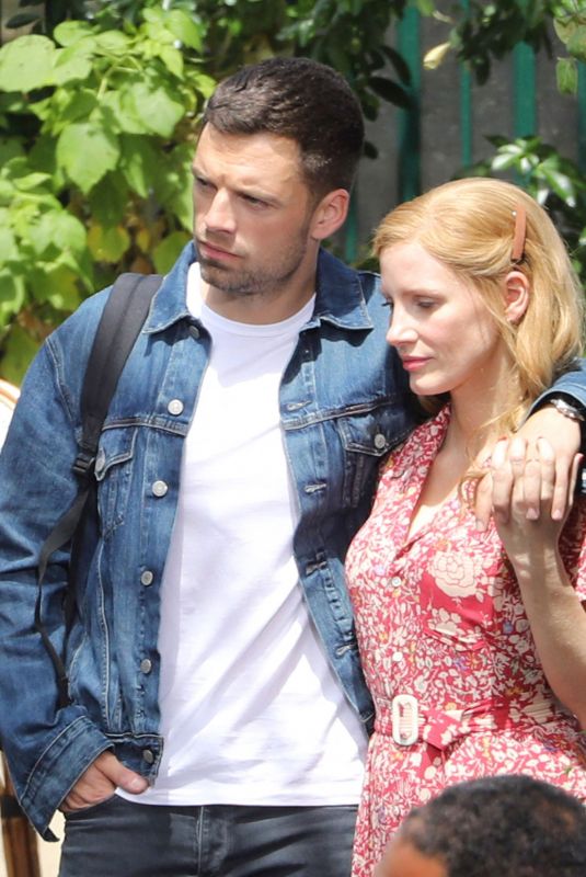 JESSICA CHASTAIN and SEBASTIAN STAN on the Set of 355 in Paris 07/10/2019