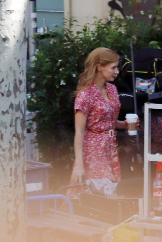 JESSICA CHASTAIN on the Set of 355 in Paris 07/10/2019