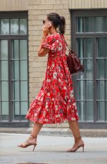 KATIE HOLMES in a Red Floral Dress Out in New York 07/23/2019
