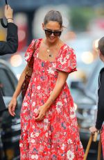 KATIE HOLMES in a Red Floral Dress Out in New York 07/23/2019