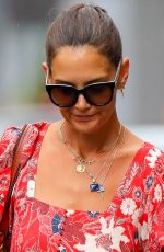 KATIE HOLMES in a Red Floral Dress Out in New York 07/23/2019