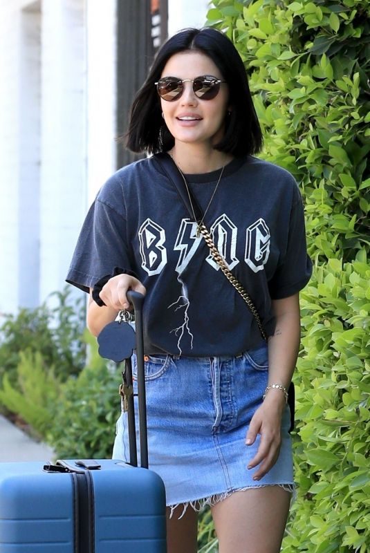 LUCY HALE in Denim Skirt Out in Beverly Hills 07/26/2019