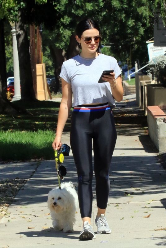 LUCY HALE Out with Her Dog in Studio City 07/28/2019