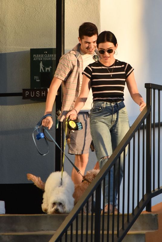 LUCY HALE Picking Up Her Dog Elvis in Los Angeles 07/12/2019