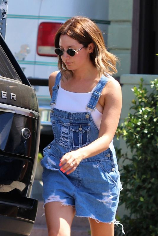 ASHLEY TISDALE in Denim Cutoff Overalls Out in Los Angeles 08/06/2019