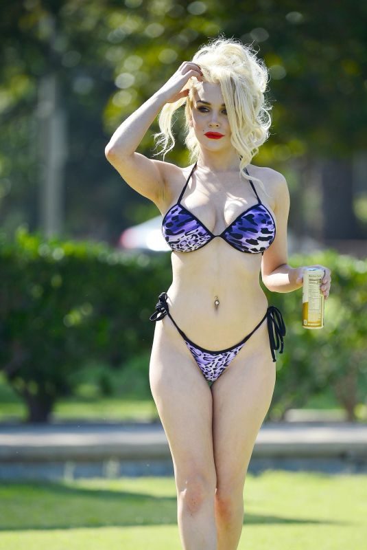 COUTNEY STODDEN in Bikini with her Dog at a Park in Los Angeles 07/31/2019