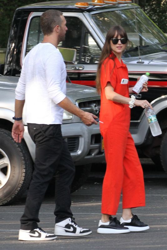 DAKOTA JOHNSON and Chris Martin Out for Lunch in The Hampton