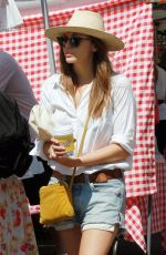 ELIZABETH OLSEN in Denim SHorts Shopping at Farmers Market in Studio City 08/11/2019