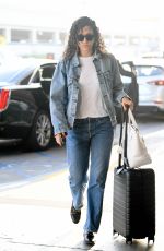 EMMY ROSSUM in Double DENIM at LAX Airport in Los Angeles 08/07/2019