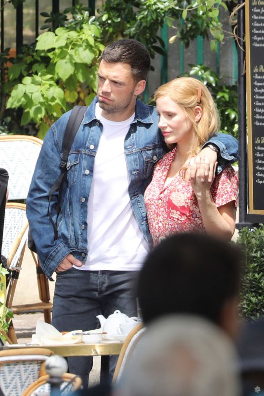 JESSICA CHASTAIN and Sebastian Stan on the Set of 355 in Paris 07/08/2019