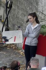 LILY COLLINS on the Set of Emily in Paris in Paris 08/19/2019