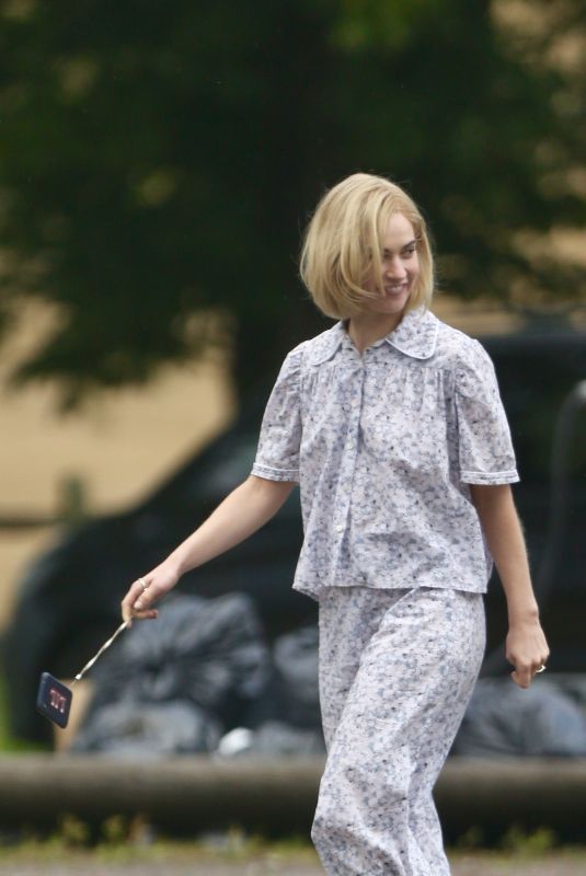 LILY JAMES on the Set of Rebecca and the Stars in Guildford 08/08/2019