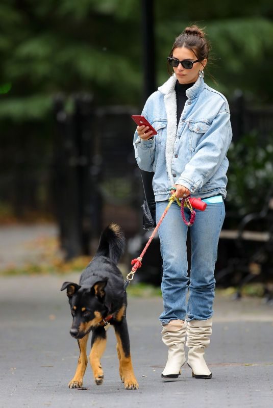 EMILY RATAJKOWSKI in Double Denim Out with Her Dog in New York 10/17/2019
