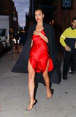 IRINA SHAYK in a Red Satin Dress Leaves Photoshoot in New York 10/17/2019