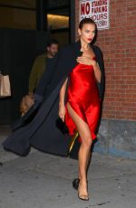 IRINA SHAYK in a Red Satin Dress Leaves Photoshoot in New York 10/17/2019