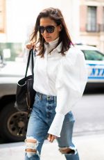 KATIE HOLMES in Ripped Denim Out in New York 10/26/2019