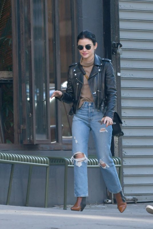 LUCY HALE in Ripped Denim Out for Iced Coffee in New York 10/12/2019