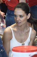 KATIE HOLMES Takes Donations at McDonald