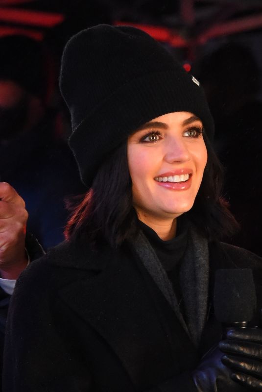 LUCY HALE Filming on Times Square for New Years Celebrations in New York 12/31/2019