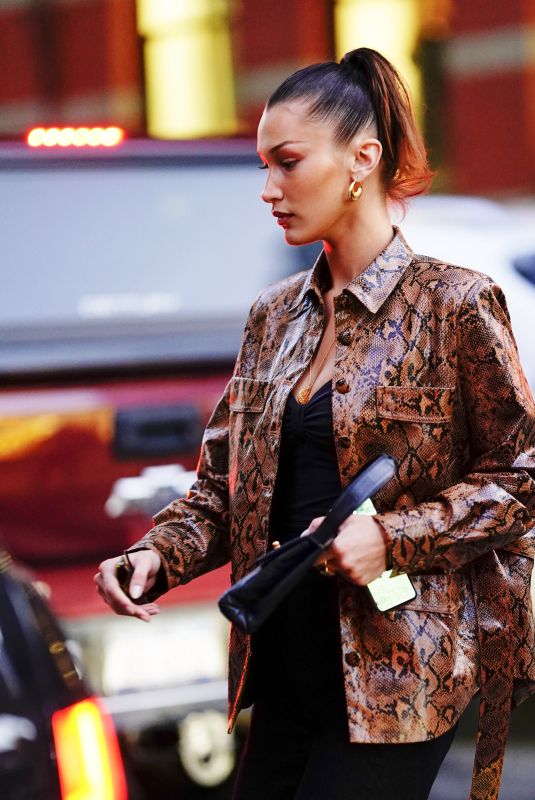 BELLA HADID in a Snakeskin Jacket Out in New York 01/12/2020