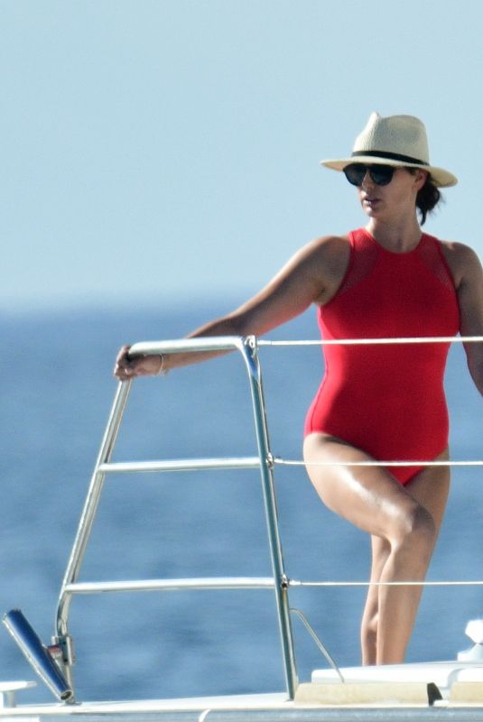 LAUREN SILVERMAN in a Red Swimsuit at a Boat in Barbados 01/03/2019