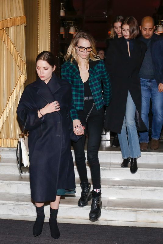 ASHLEY BENSON, CARA DELEVINGNE and KAIA GERBER Leave Hotel Costes in Paris 02/24/2020