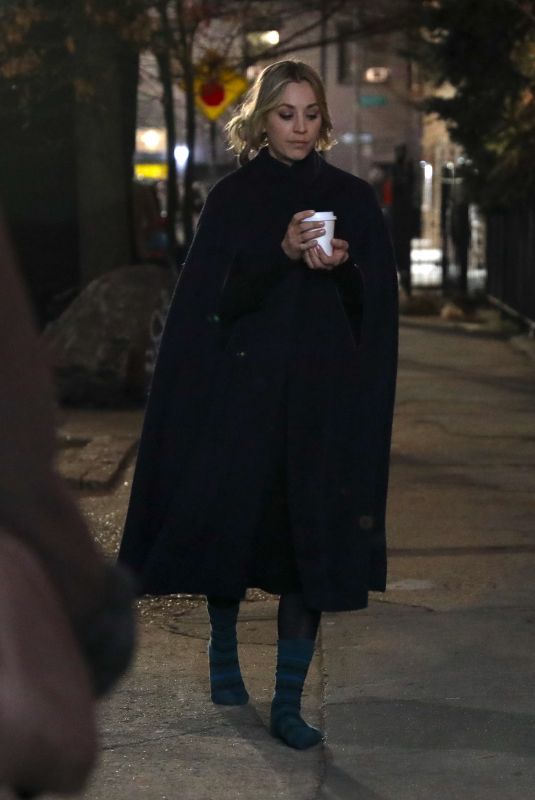 KALEY CUOCO on the Evening Set of The Flight Attendant at Airport in New York 02/25/2020