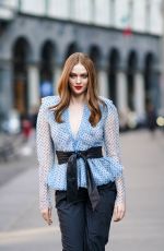 LARSEN THOMPSON Arrives at Philosophy di Lorenzo Serafini Fashion Show in Milan 02/22/2020