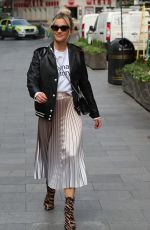 ASHLEY ROBERTS in Shimmering Skirt, Biker Jacket and Animal Printed Boots Out in London 03/17/2020