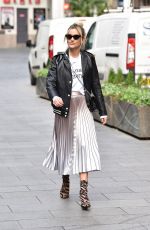 ASHLEY ROBERTS in Shimmering Skirt, Biker Jacket and Animal Printed Boots Out in London 03/17/2020