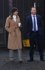 BRIDGET MOYNAHAN and Donnie Walhberg on the set of Blue Bloods in Long Island City 02/27/2020