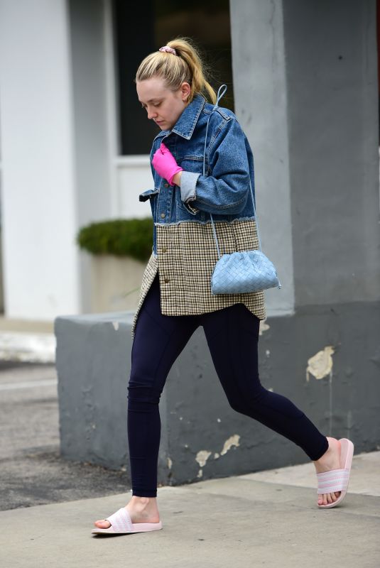 DAKOTA FANNING in Slippers and Surgical Gloves Out in Los Angeles 03/16/2020