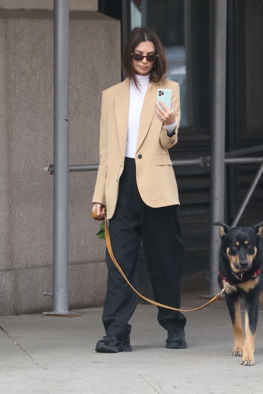 EMILY RATAJKOWSKI in Givenchy Wool Blazer Out with Her Dog in New York 03/11/2020