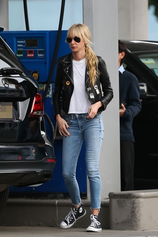 KIMBERLY STEWART in Leather Jacket and Denim at a Gas Station in Beverly Hills 03/05/2020