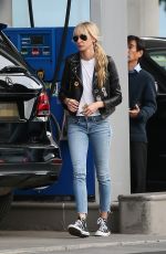 KIMBERLY STEWART in Leather Jacket and Denim at a Gas Station in Beverly Hills 03/05/2020